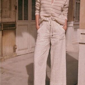 Sezane Cream Eyelet Wide-Leg Drawstring Pants